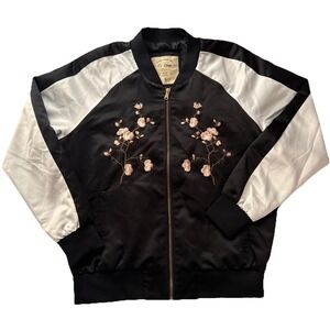 Ci Sono Originals Wmns S Full Zip Floral Embroider Satin Jacket Boho Rockabilly